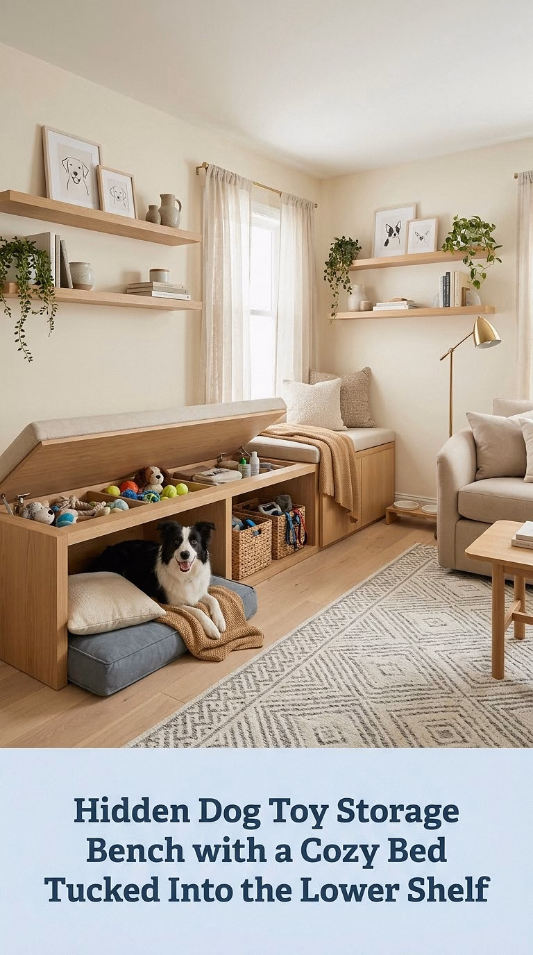 11. Hidden Dog Toy Storage Bench with a Cozy Bed Tucked Into the Lower Shelf