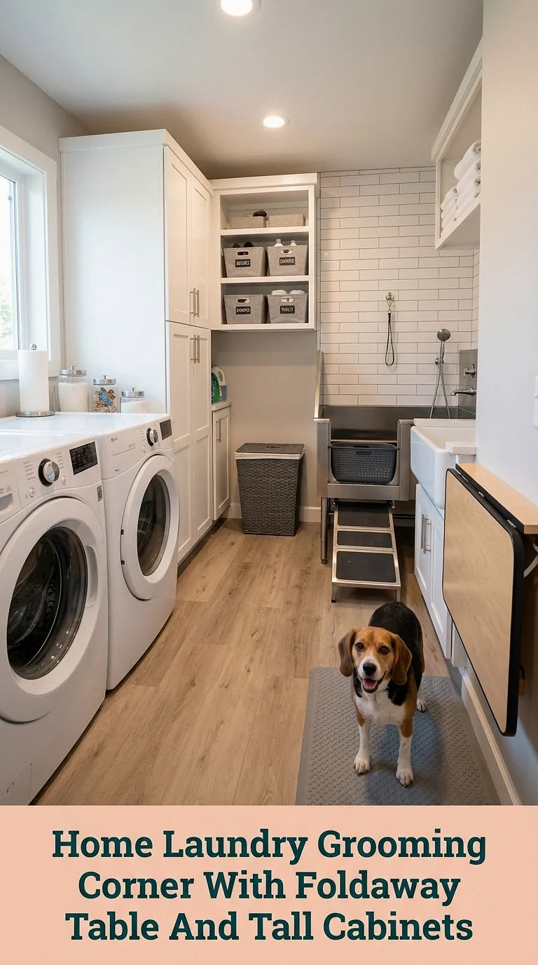 Home Laundry Grooming Corner With Foldaway Table And Tall Cabinets