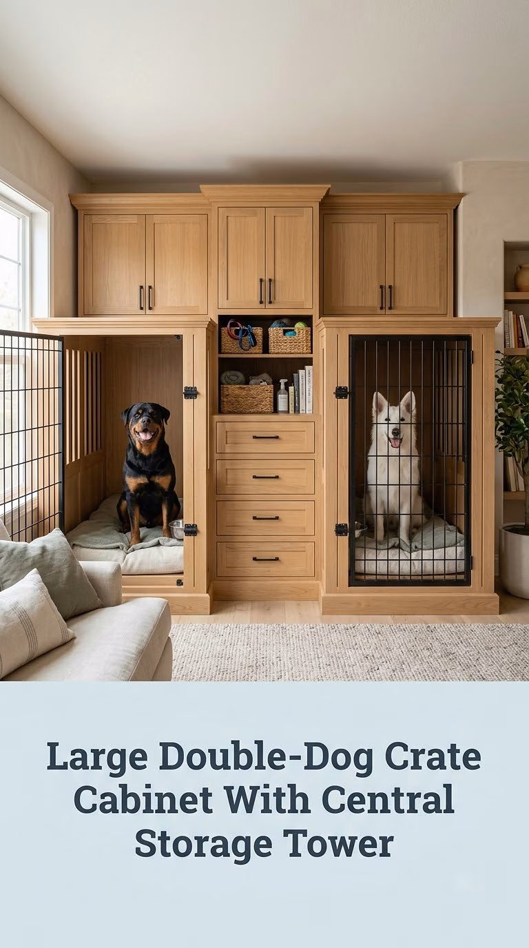 Large Double-Dog Crate Cabinet With Central Storage Tower