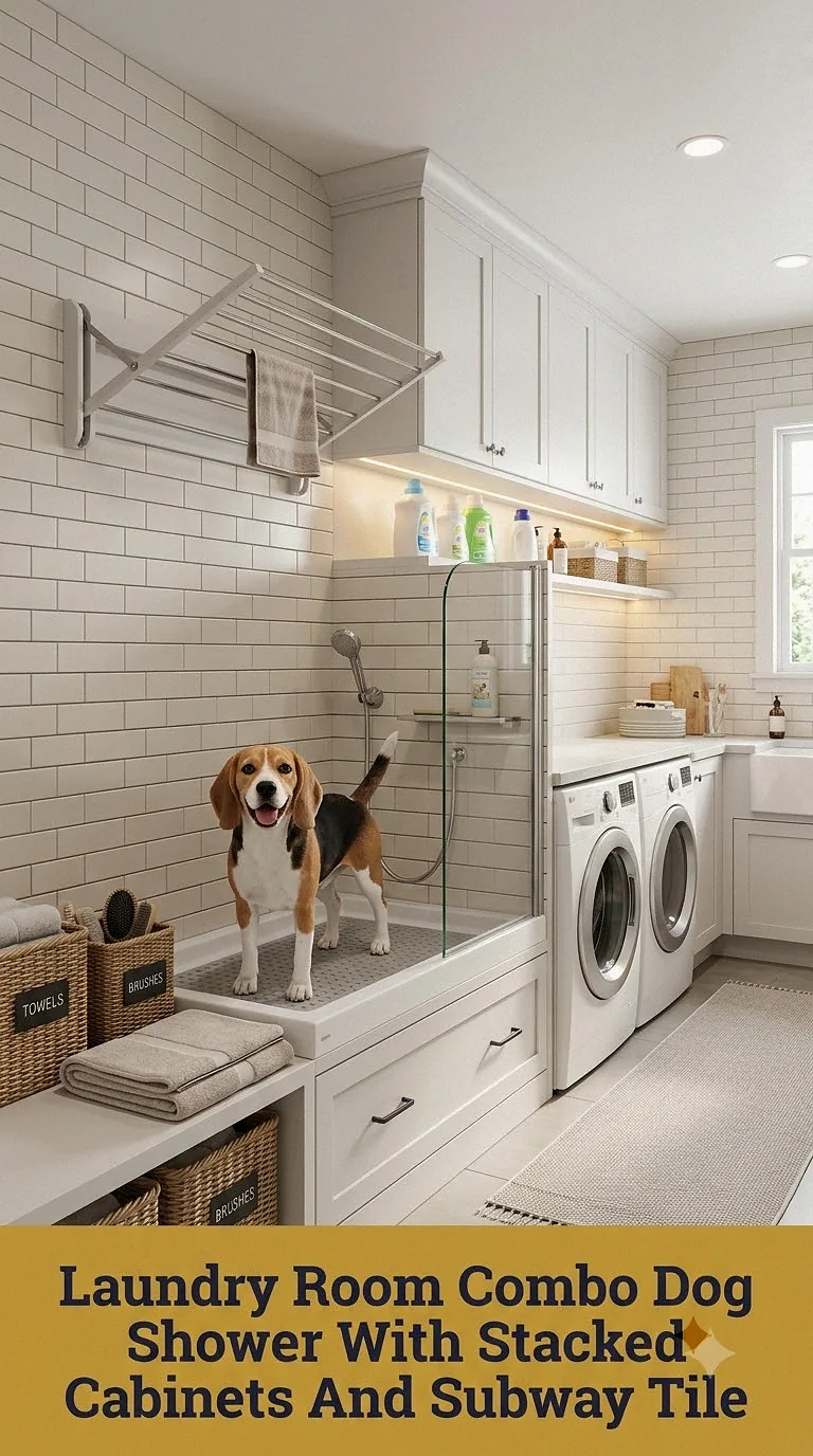 Laundry Room Combo Dog Shower With Stacked Cabinets And Subway Tile