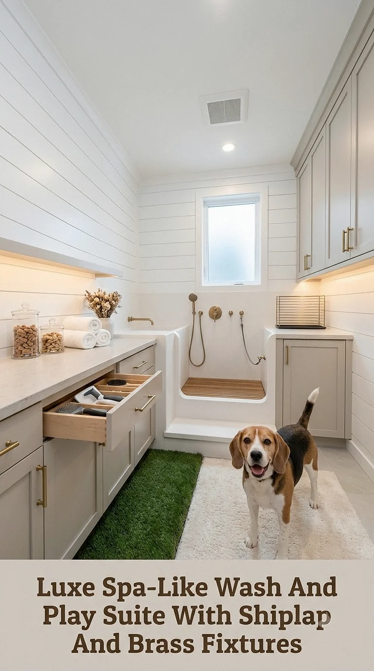 Luxe Spa-Like Wash And Play Suite With Shiplap And Brass Fixtures