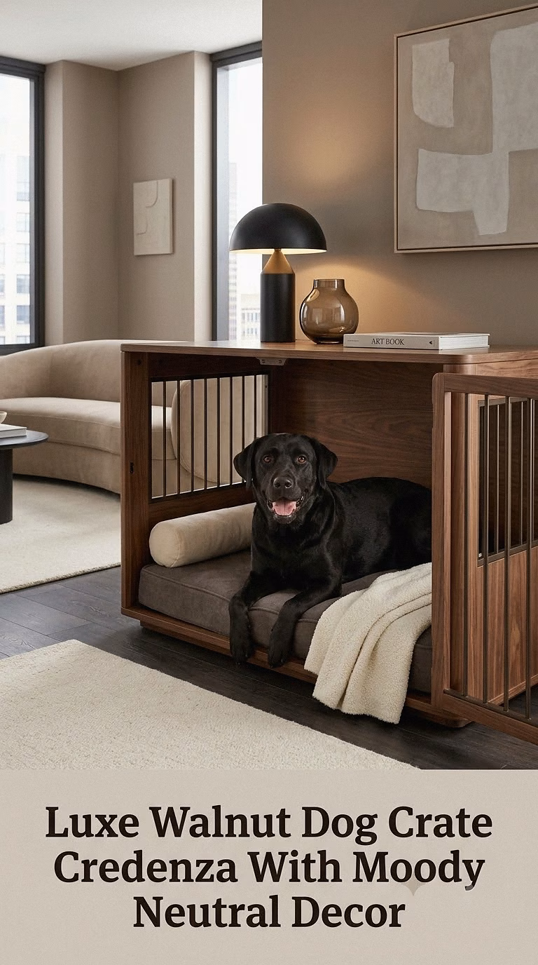 Luxe Walnut Dog Crate Credenza With Moody Neutral Decor