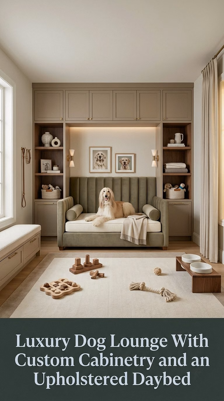 11. Luxury Dog Lounge With Custom Cabinetry and an Upholstered Daybed