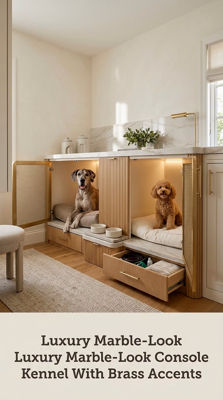 Luxury Marble-Look Console Kennel With Brass Accents