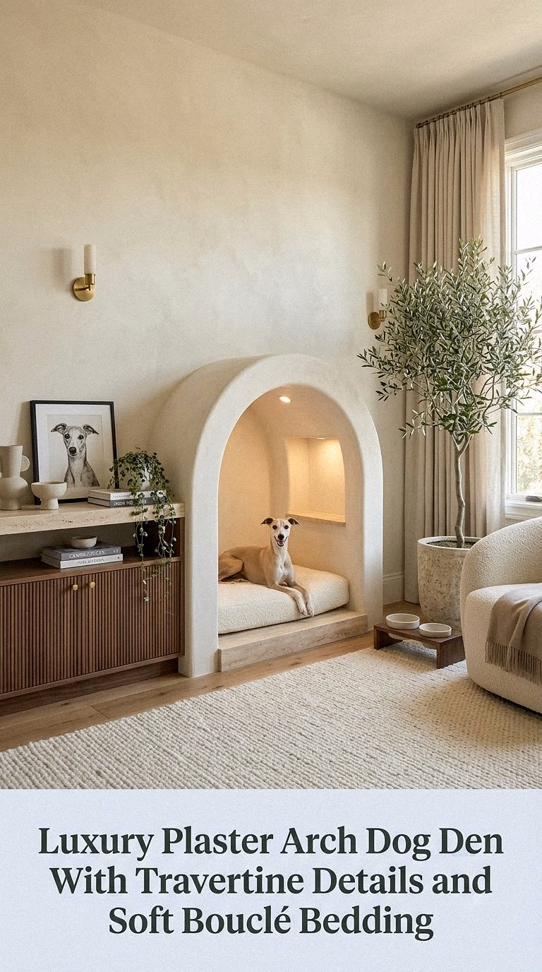 11. Luxury Plaster Arch Dog Den With Travertine Details and Soft Bouclé Bedding