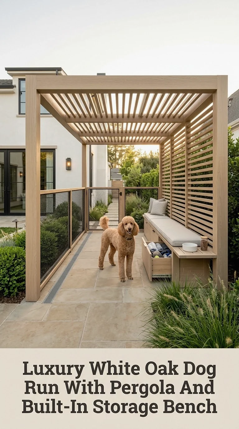 Luxury White Oak Dog Run With Pergola And Built-In Storage Bench