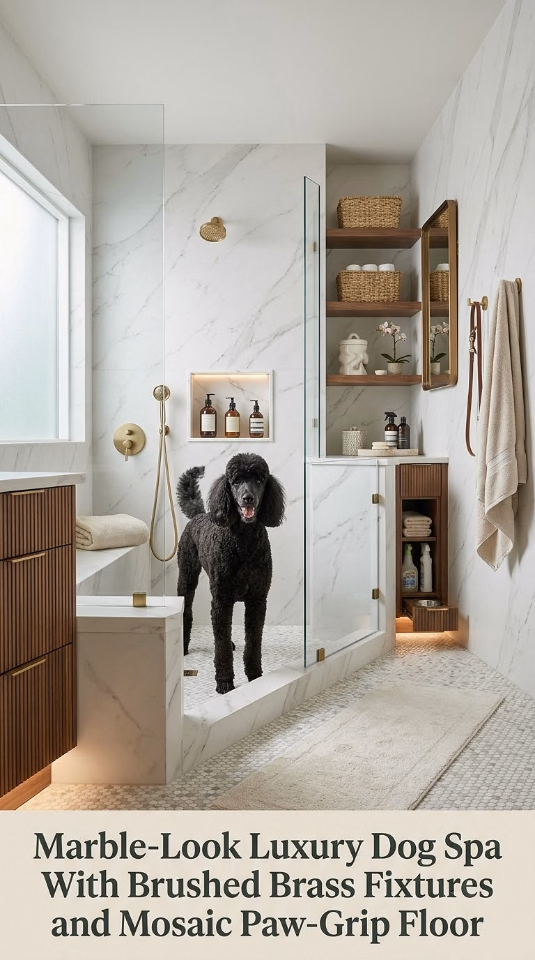 Marble-Look Luxury Dog Spa With Brushed Brass Fixtures and Mosaic Paw-Grip Floor