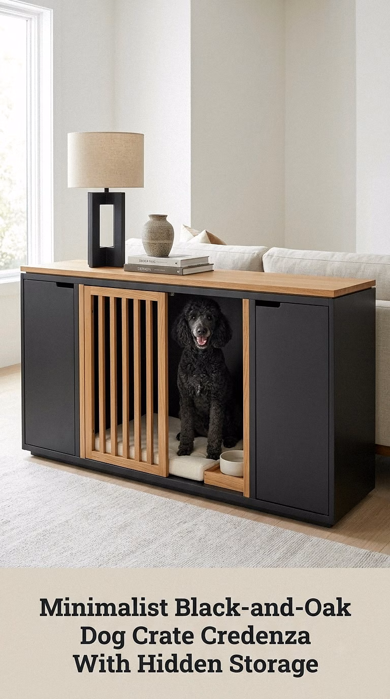 Minimalist Black-and-Oak Dog Crate Credenza With Hidden Storage
