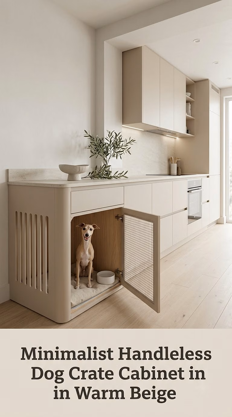 Minimalist Handleless Dog Crate Cabinet in Warm Beige