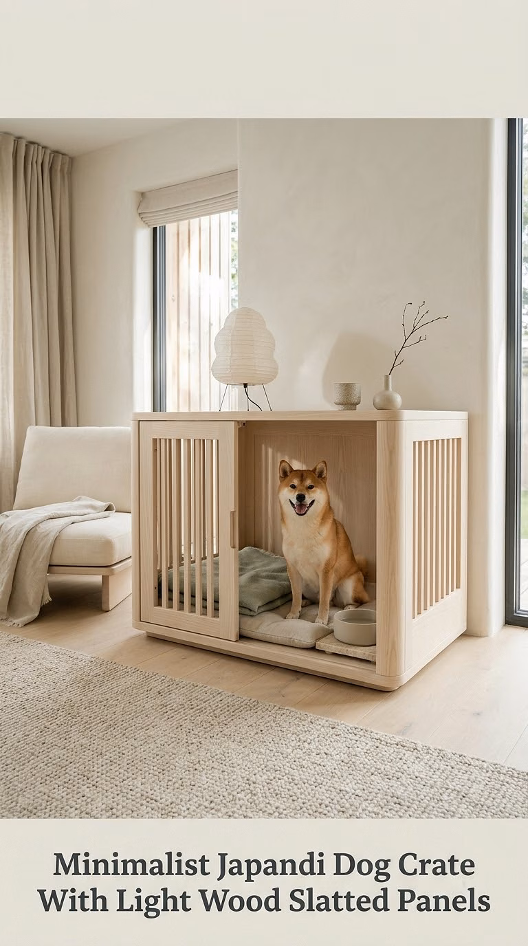 Minimalist Japandi Dog Crate With Light Wood Slatted Panels