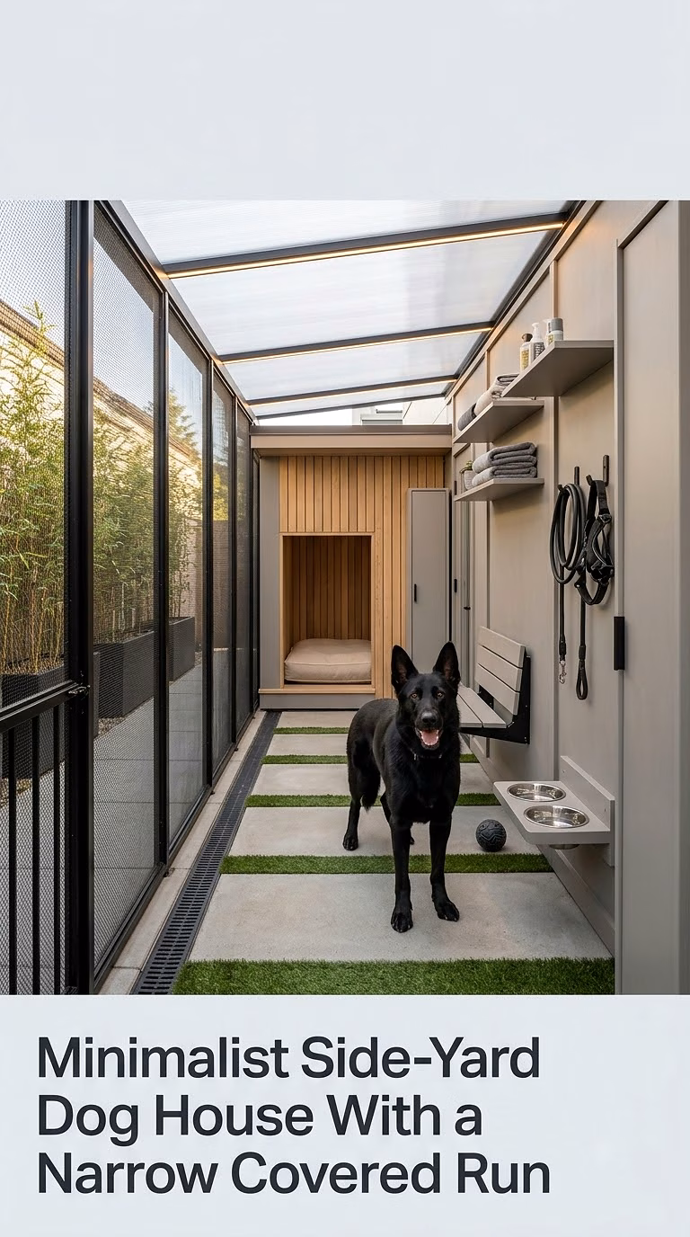 11. Minimalist Side-Yard Dog House With a Narrow Covered Run