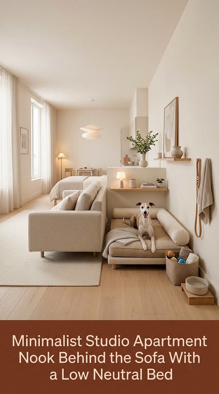 11. Minimalist Studio Apartment Nook Behind the Sofa With a Low Neutral Bed