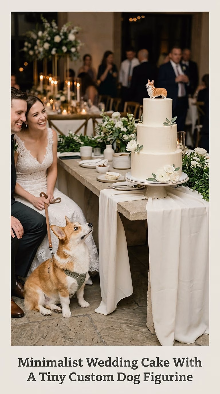 Minimalist Wedding Cake With A Tiny Custom Dog Figurine