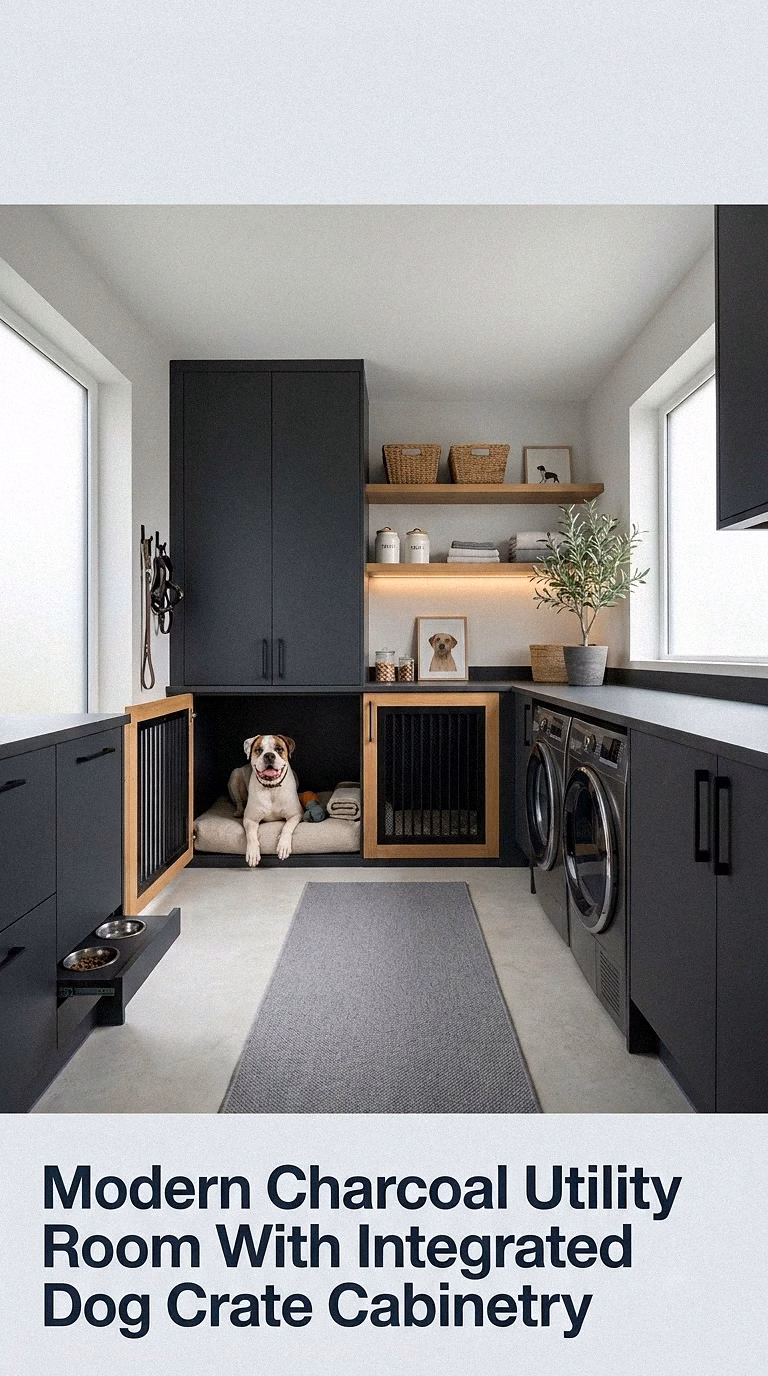 11. Modern Charcoal Utility Room With Integrated Dog Crate Cabinetry