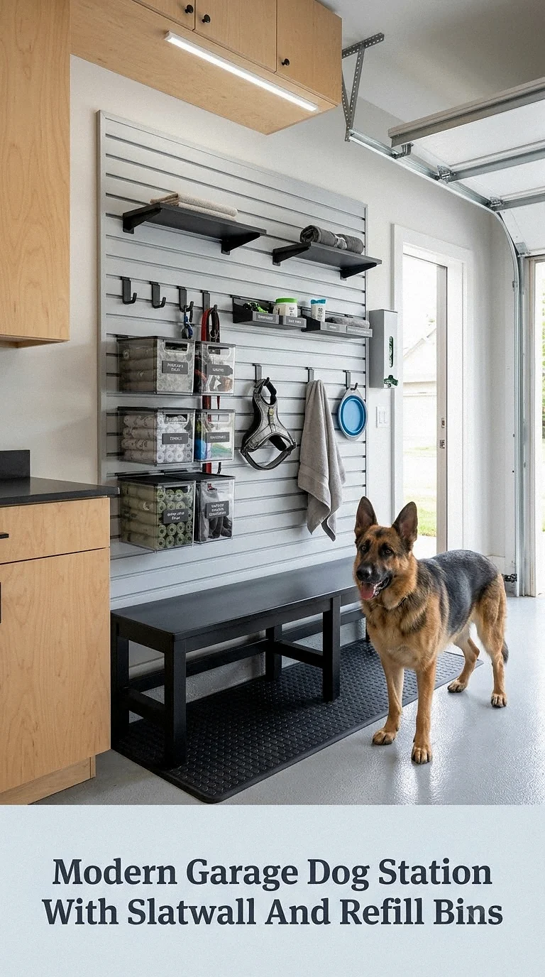 Modern Garage Dog Station With Slatwall And Refill Bins