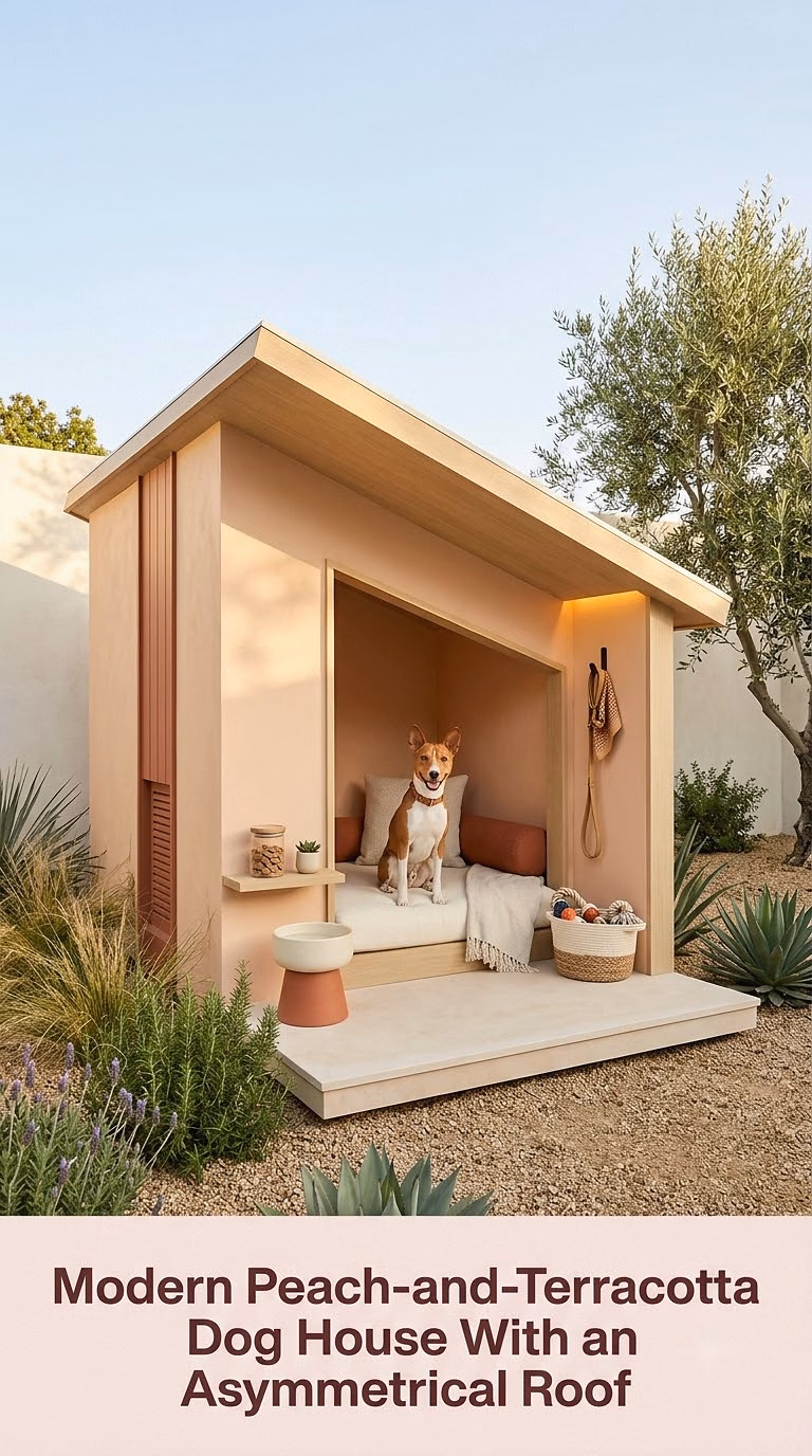 11. Modern Peach-and-Terracotta Dog House With an Asymmetrical Roof