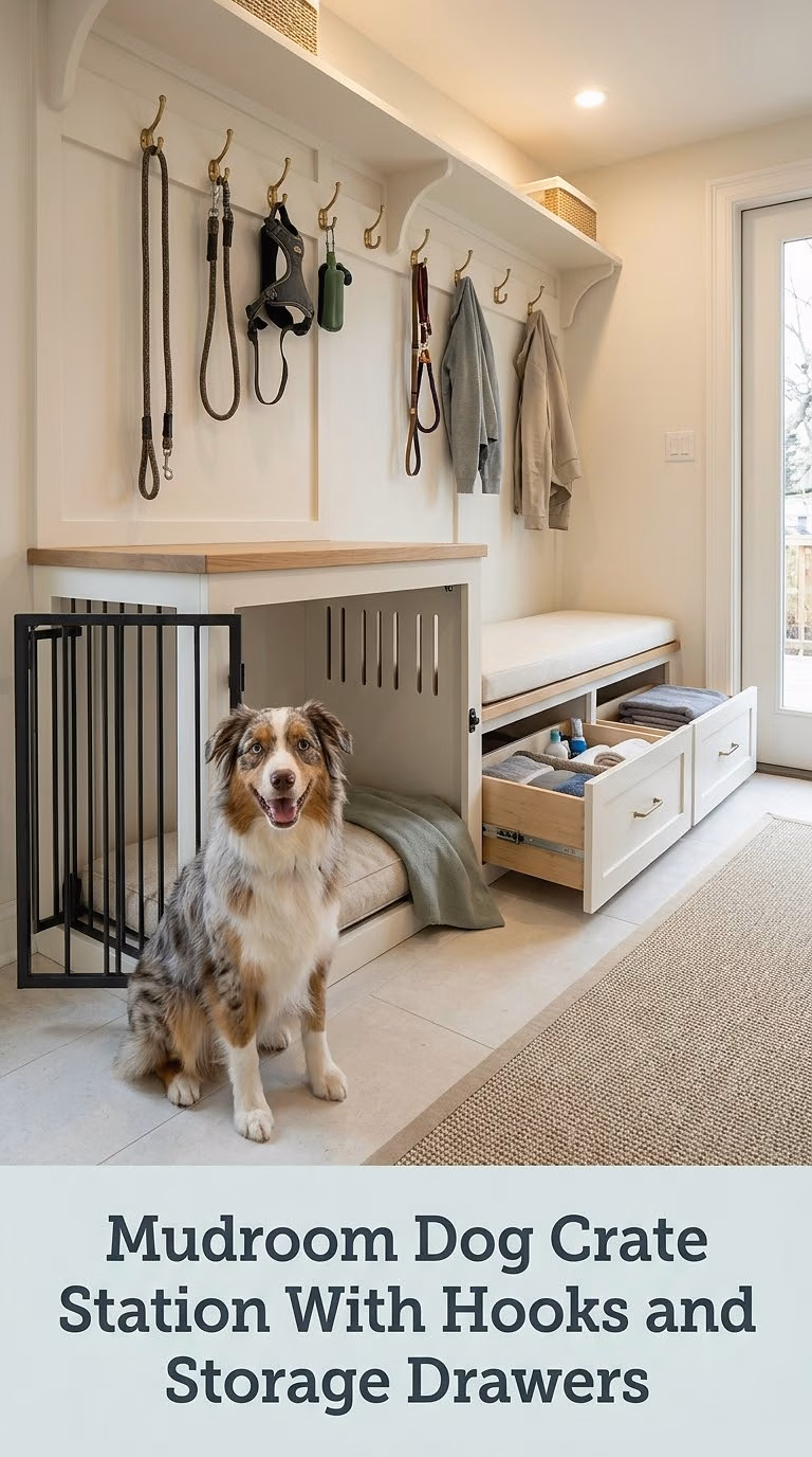 Mudroom Dog Crate Station With Hooks and Storage Drawers
