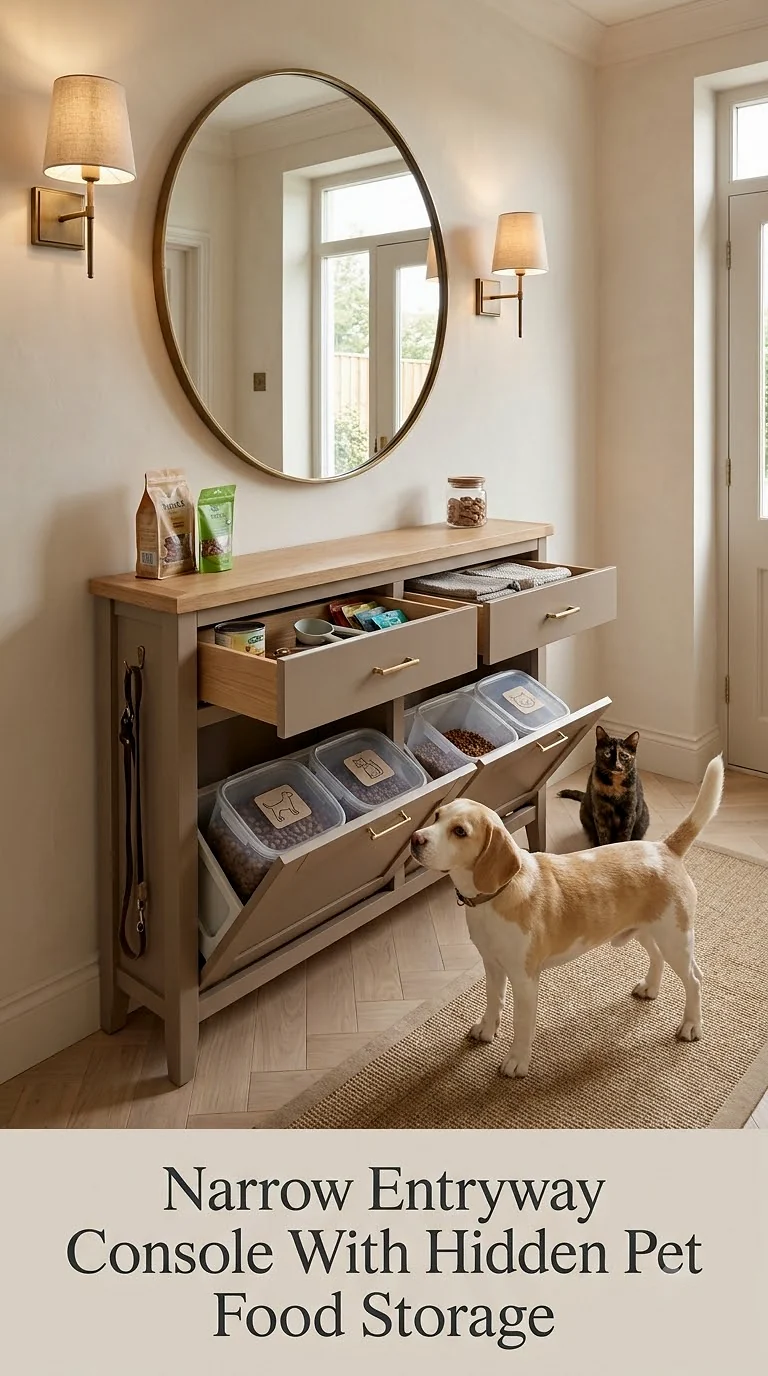Narrow Entryway Console With Hidden Pet Food Storage