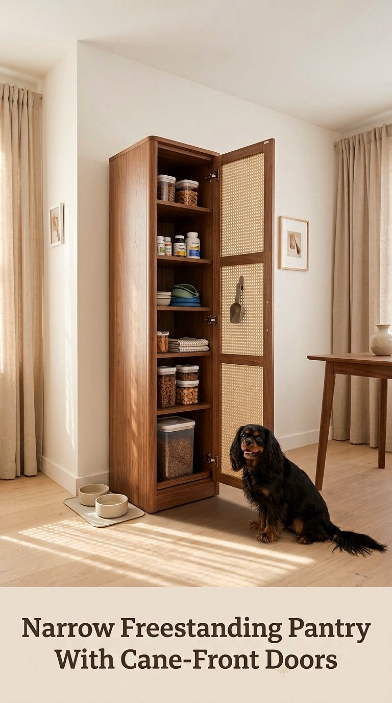 Narrow Freestanding Pantry With Cane-Front Doors