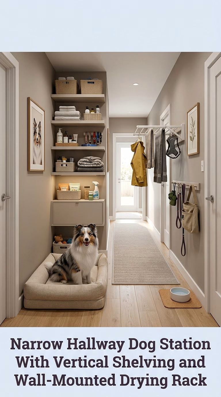 11. Narrow Hallway Dog Station With Vertical Shelving and Wall-Mounted Drying Rack