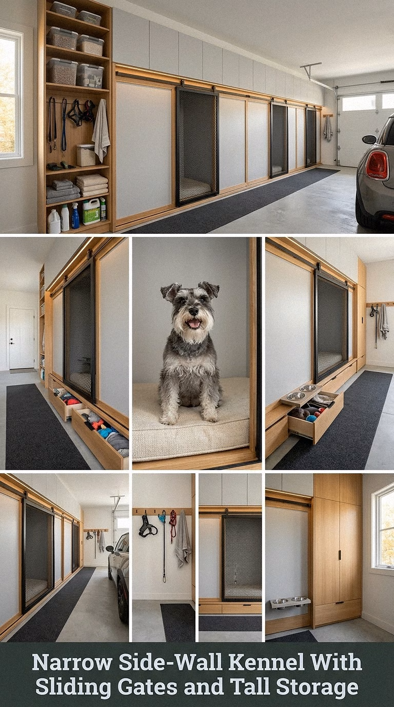 Narrow Side-Wall Kennel With Sliding Gates and Tall Storage