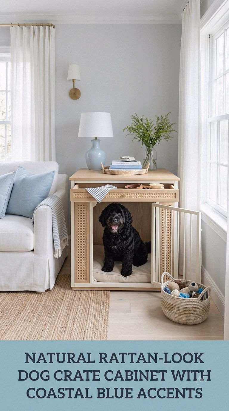 Natural Rattan-Look Dog Crate Cabinet With Coastal Blue Accents