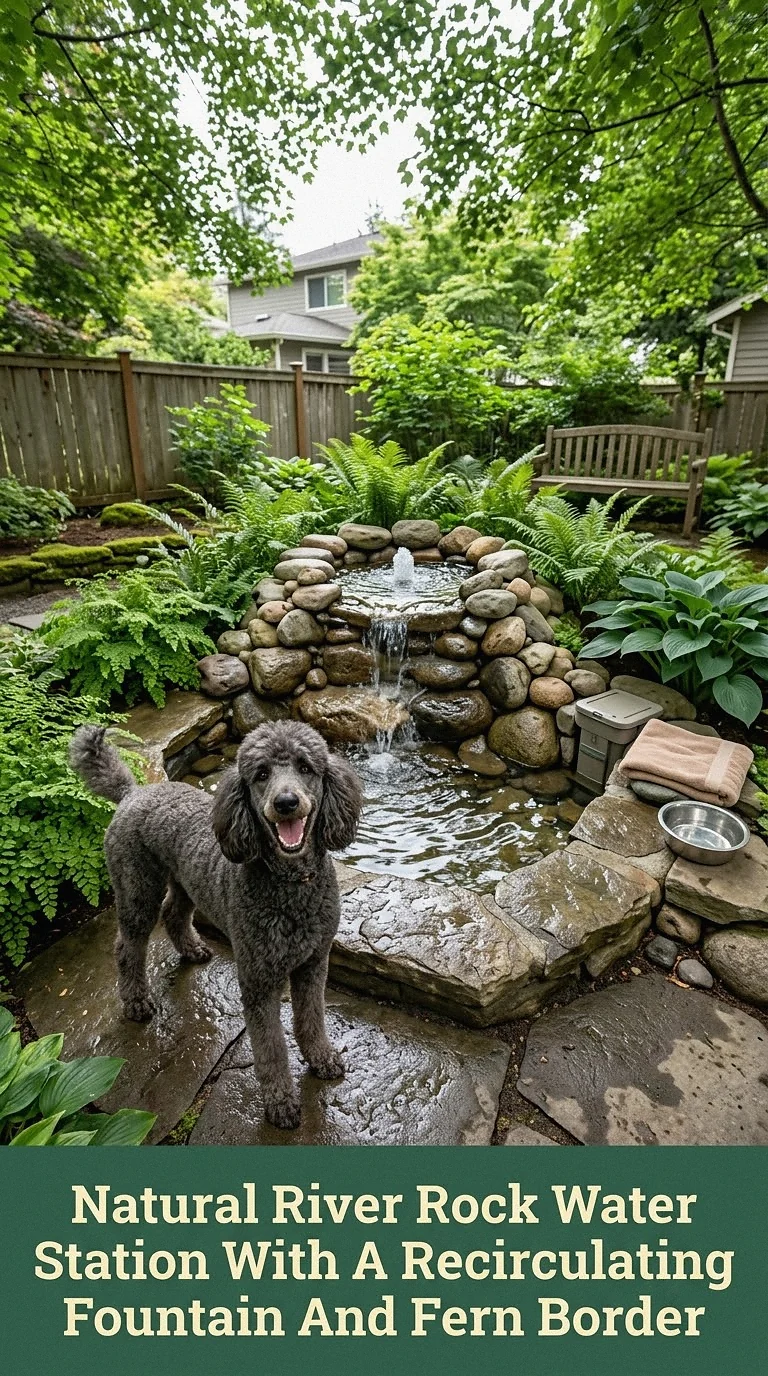Natural River Rock Water Station With A Recirculating Fountain And Fern Border