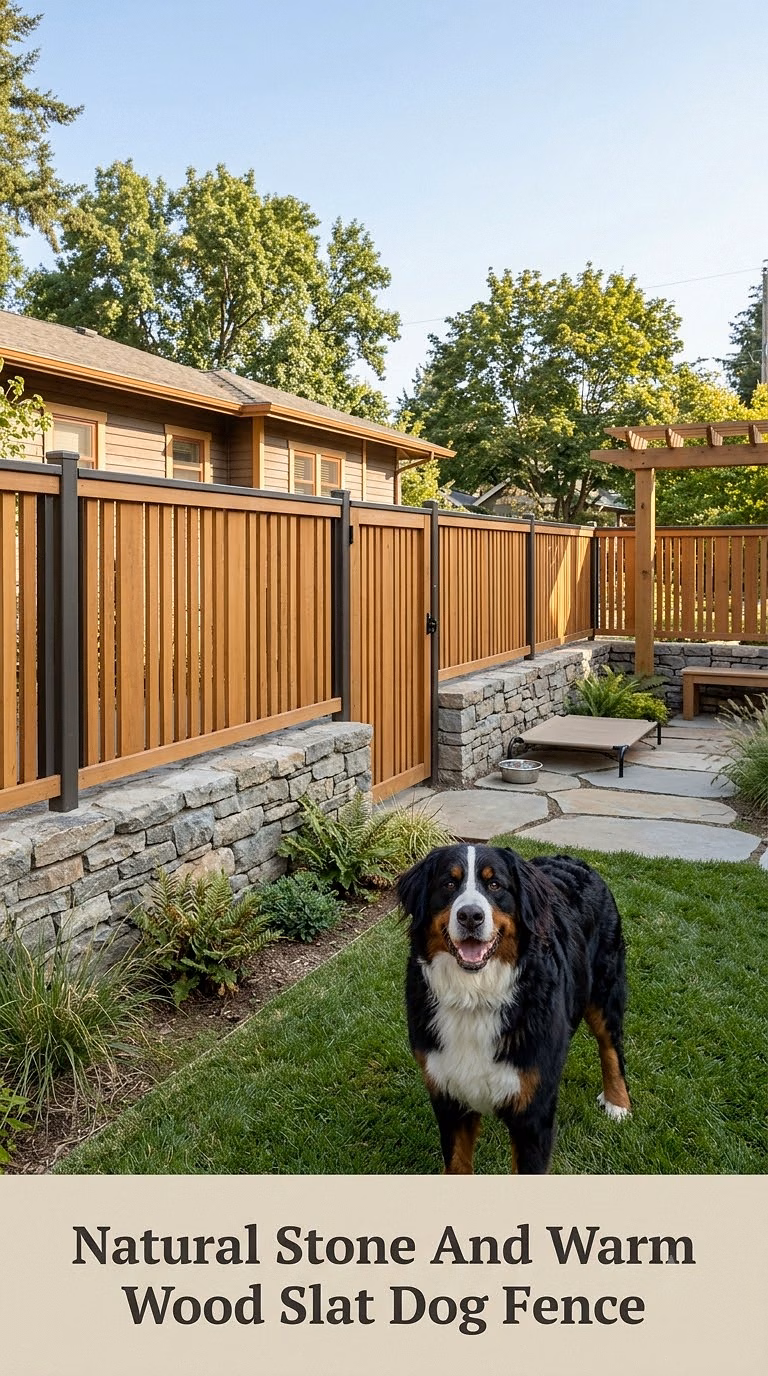 Natural Stone And Warm Wood Slat Dog Fence