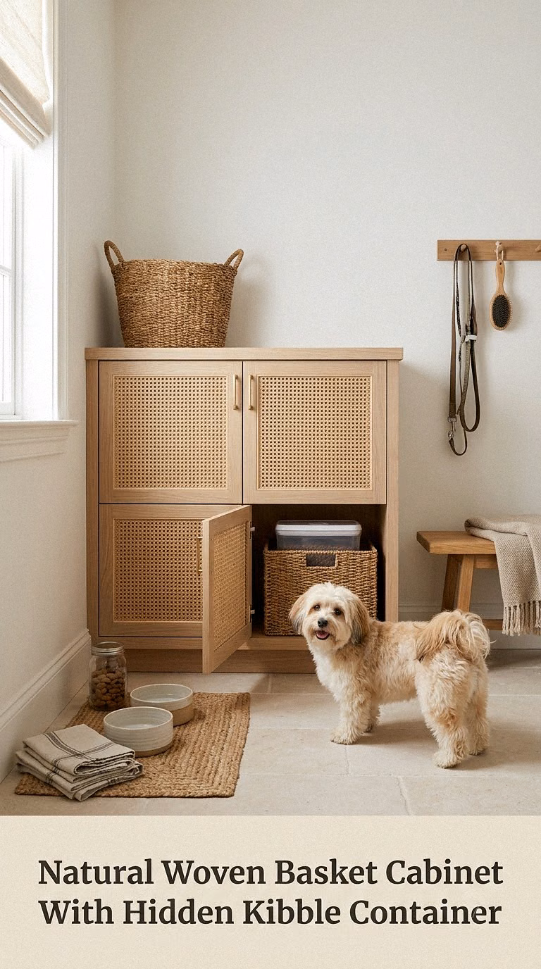 Natural Woven Basket Cabinet With Hidden Kibble Container