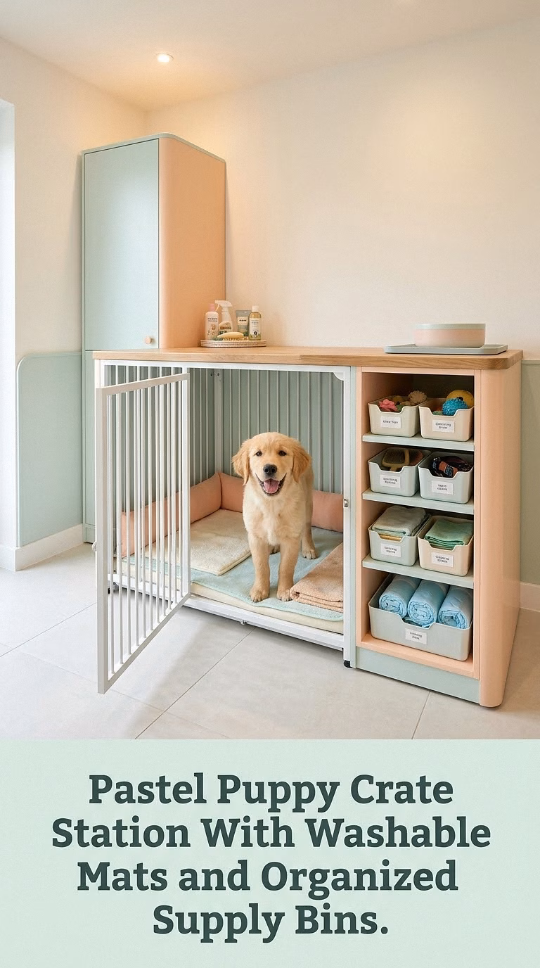 Pastel Puppy Crate Station With Washable Mats and Organized Supply Bins