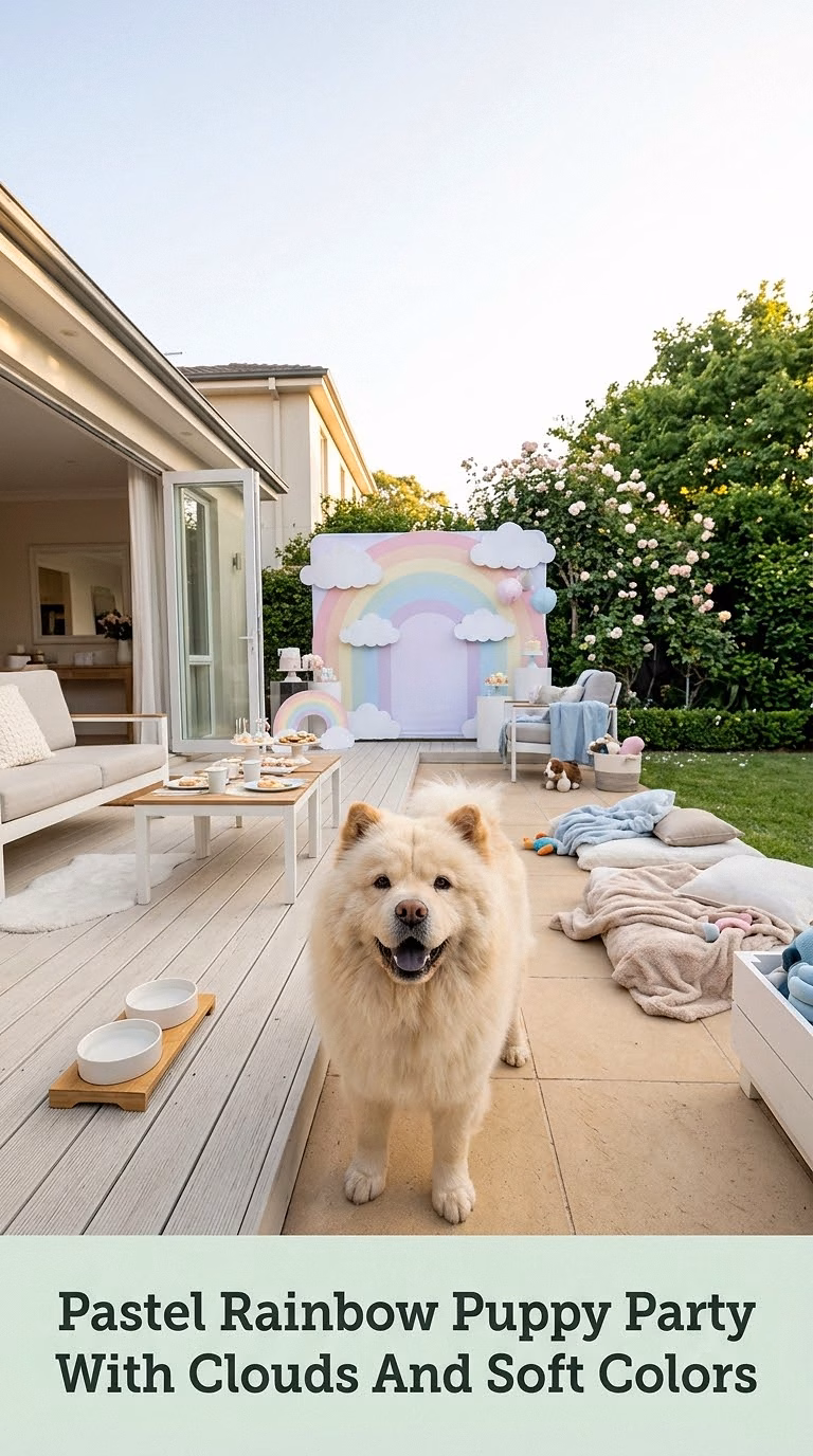 Pastel Rainbow Puppy Party With Clouds And Soft Colors