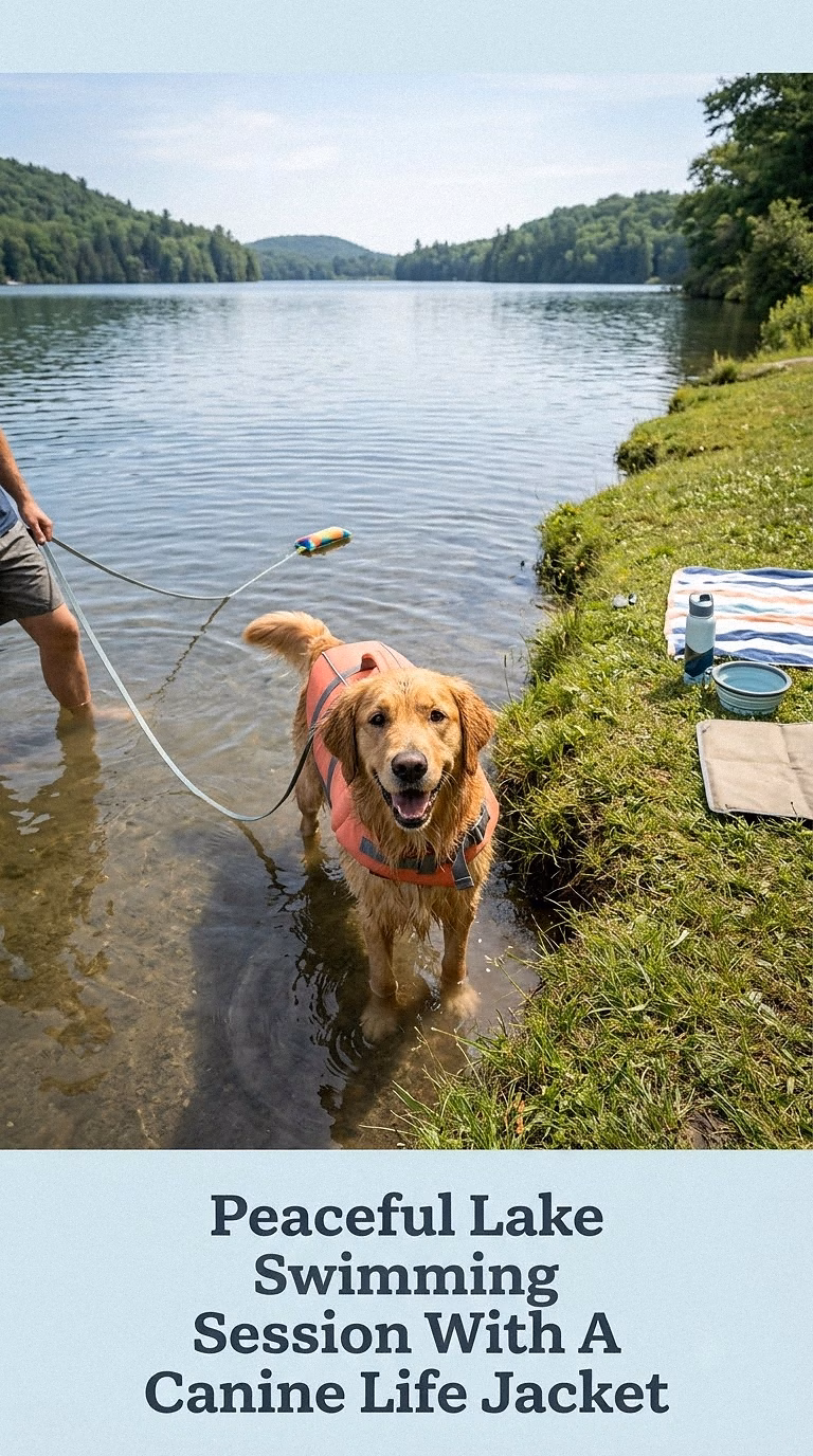 Peaceful Lake Swimming Session With A Canine Life Jacket