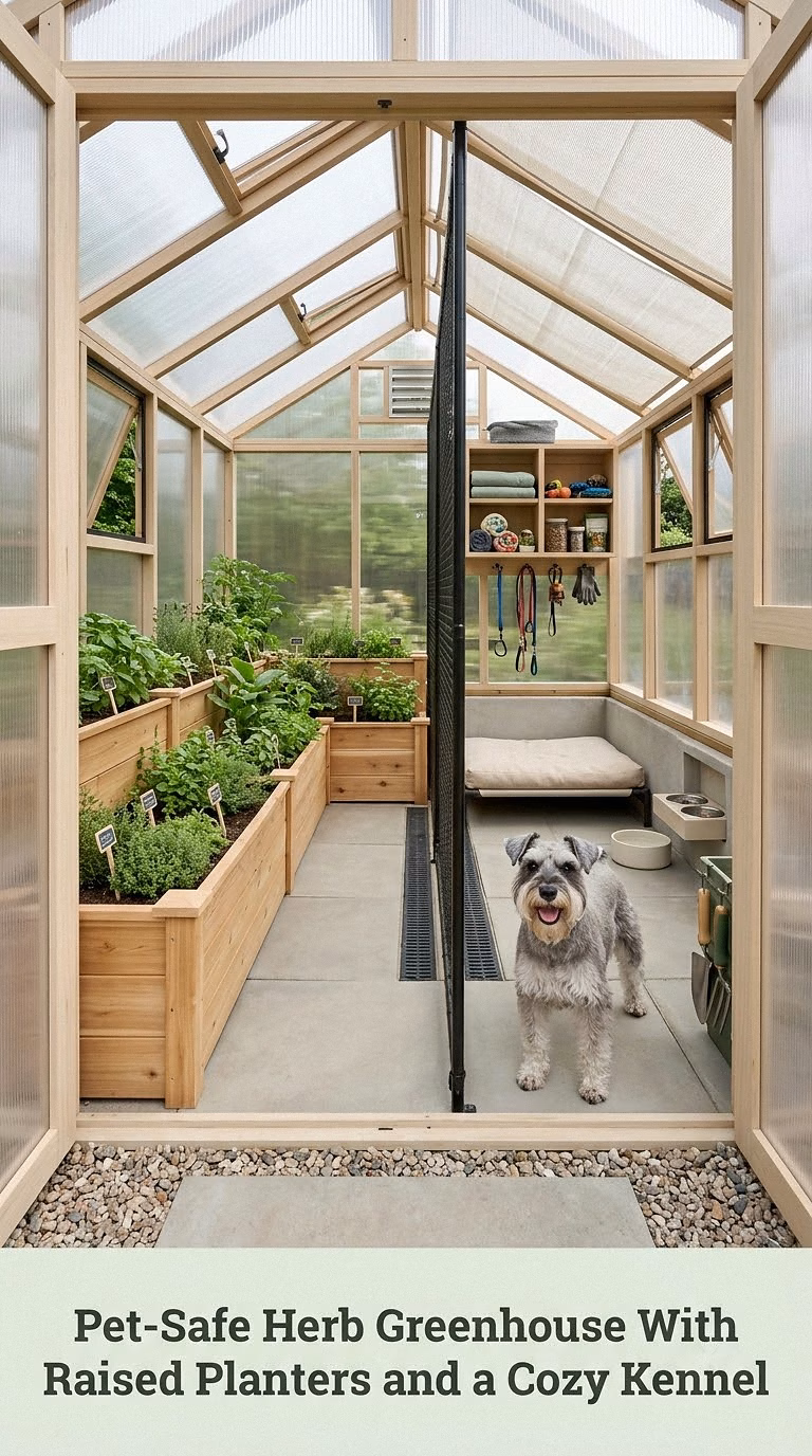 Pet-Safe Herb Greenhouse With Raised Planters and a Cozy Kennel