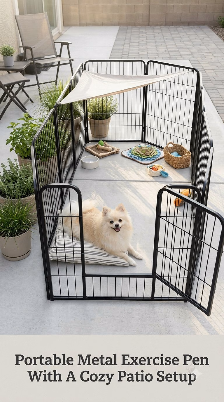 Portable Metal Exercise Pen With A Cozy Patio Setup