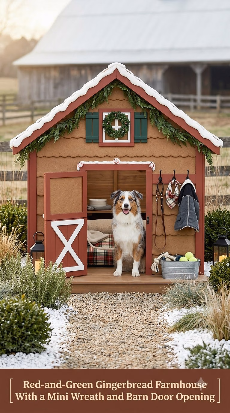 Red-and-Green Gingerbread Farmhouse With a Mini Wreath and Barn Door Opening