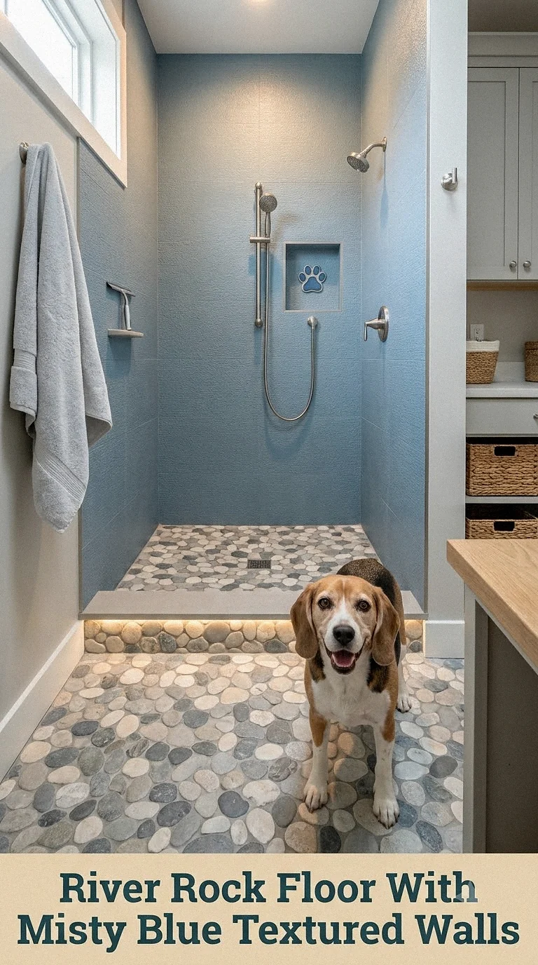 River Rock Floor With Misty Blue Textured Walls
