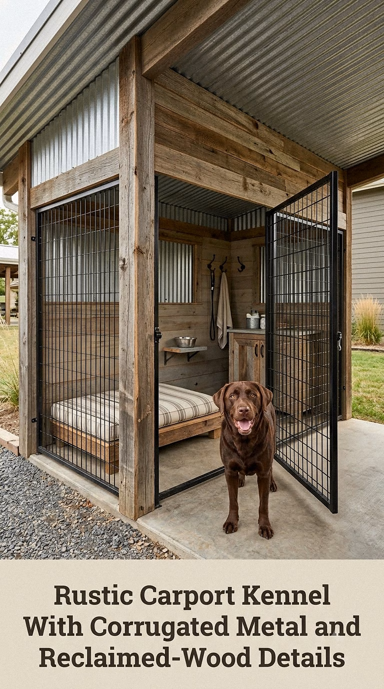 Rustic Carport Kennel With Corrugated Metal and Reclaimed-Wood Details