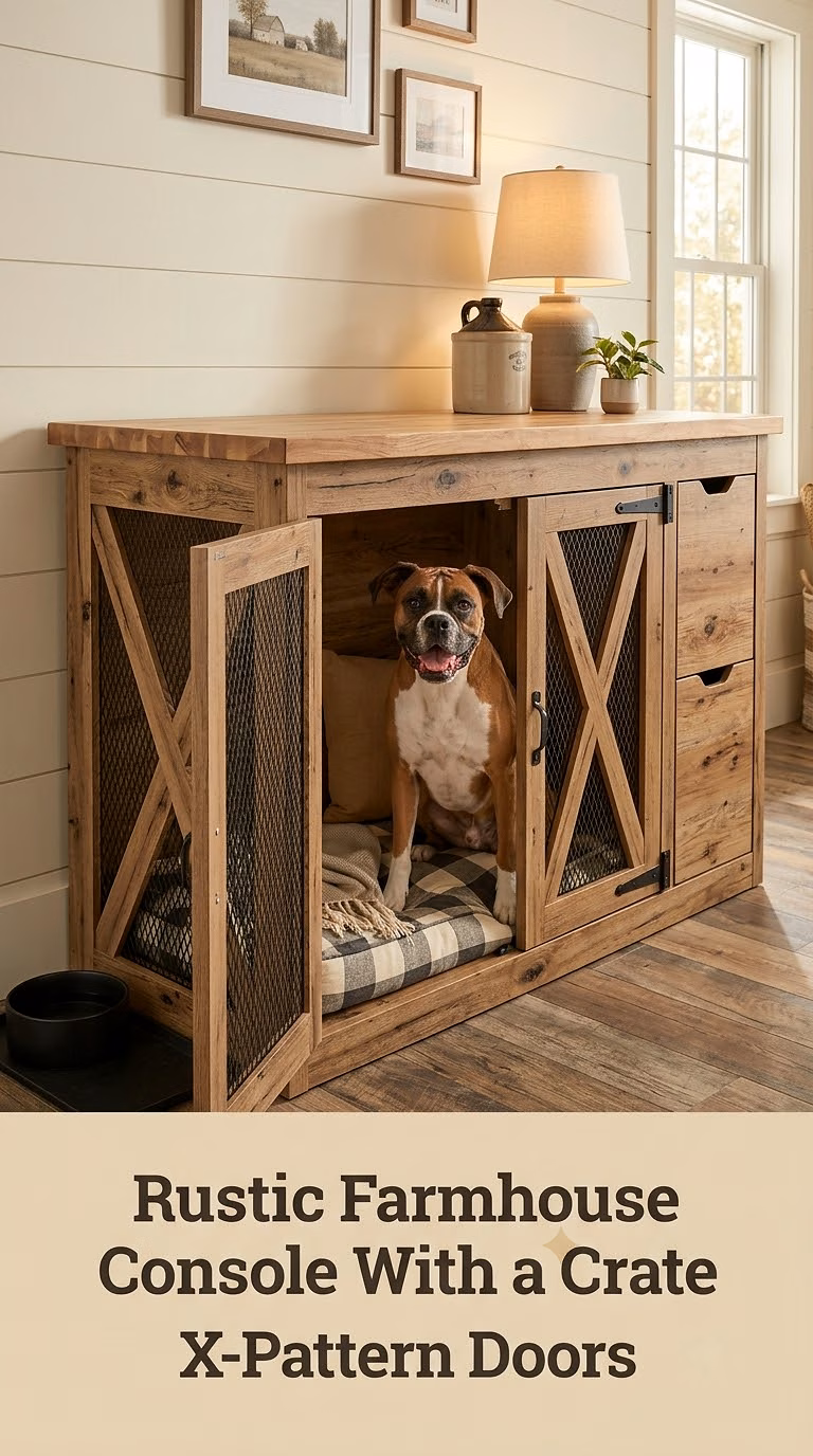 Rustic Farmhouse Console With a Crate Behind X-Pattern Doors