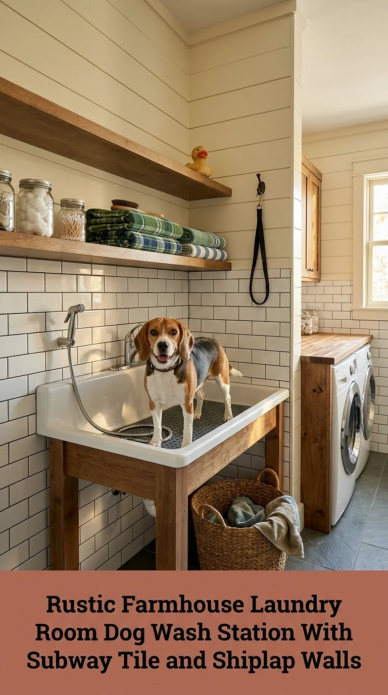 Rustic Farmhouse Laundry Room Dog Wash Station With Subway Tile and Shiplap Walls