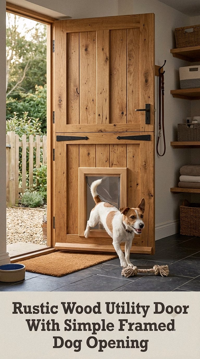 Rustic Wood Utility Door With Simple Framed Dog Opening