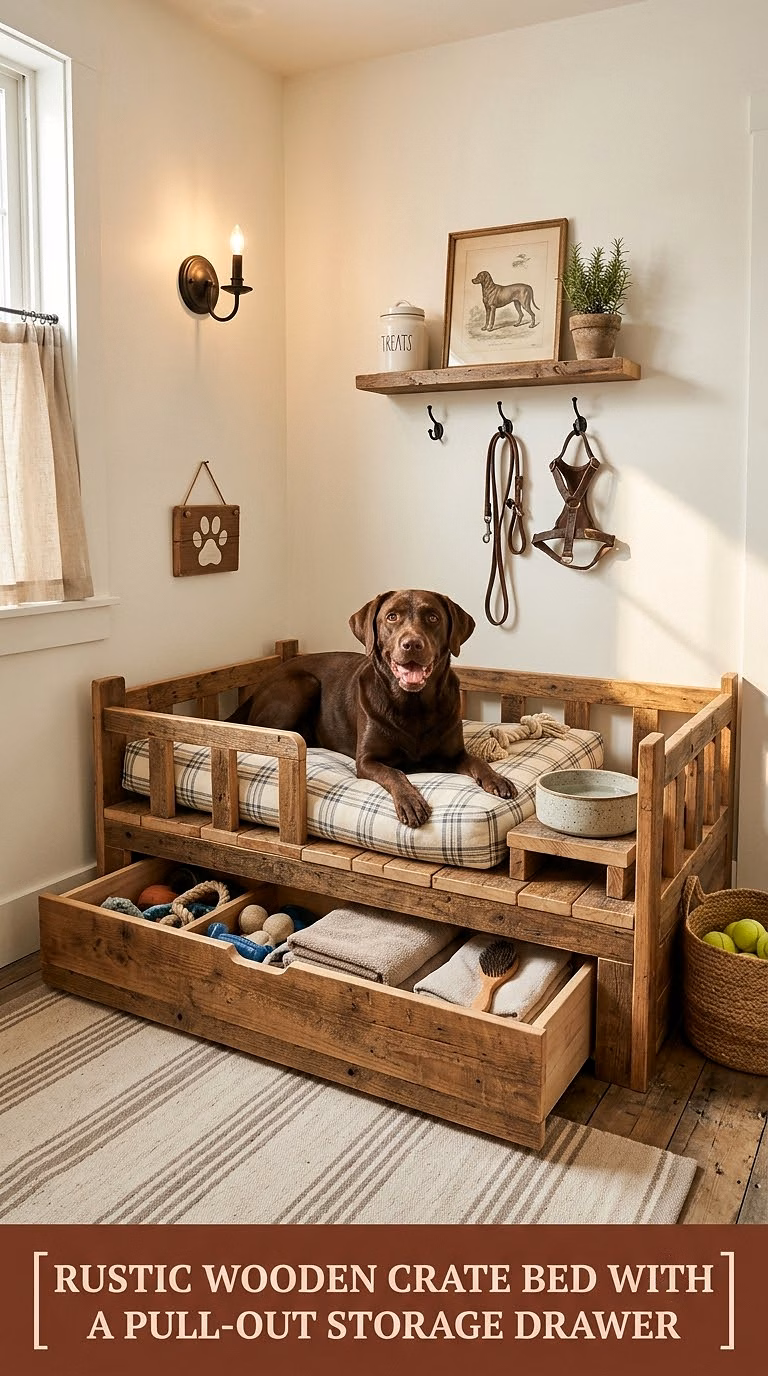 11. Rustic Wooden Crate Bed With a Pull-Out Storage Drawer