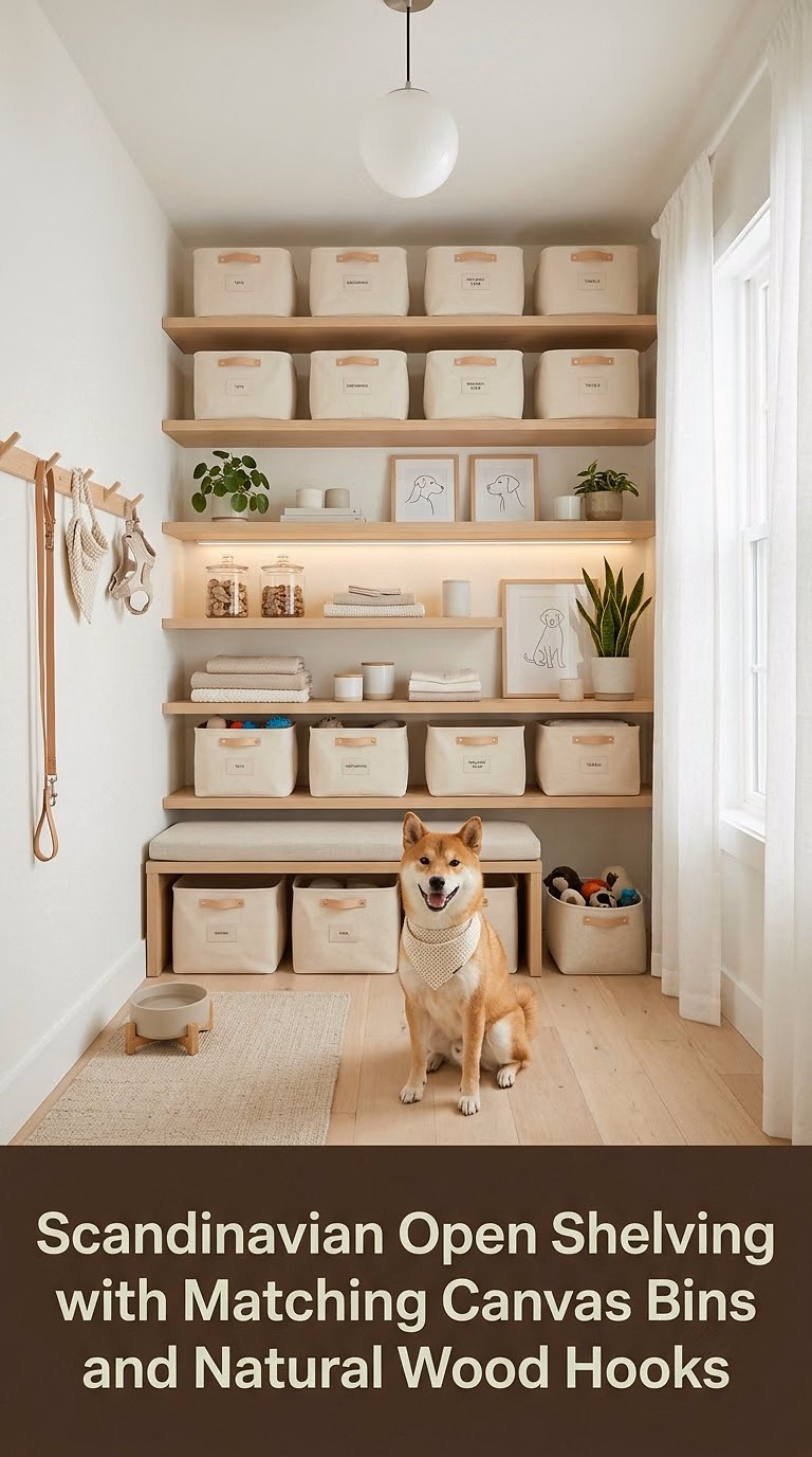 Scandinavian Open Shelving with Matching Canvas Bins and Natural Wood Hooks