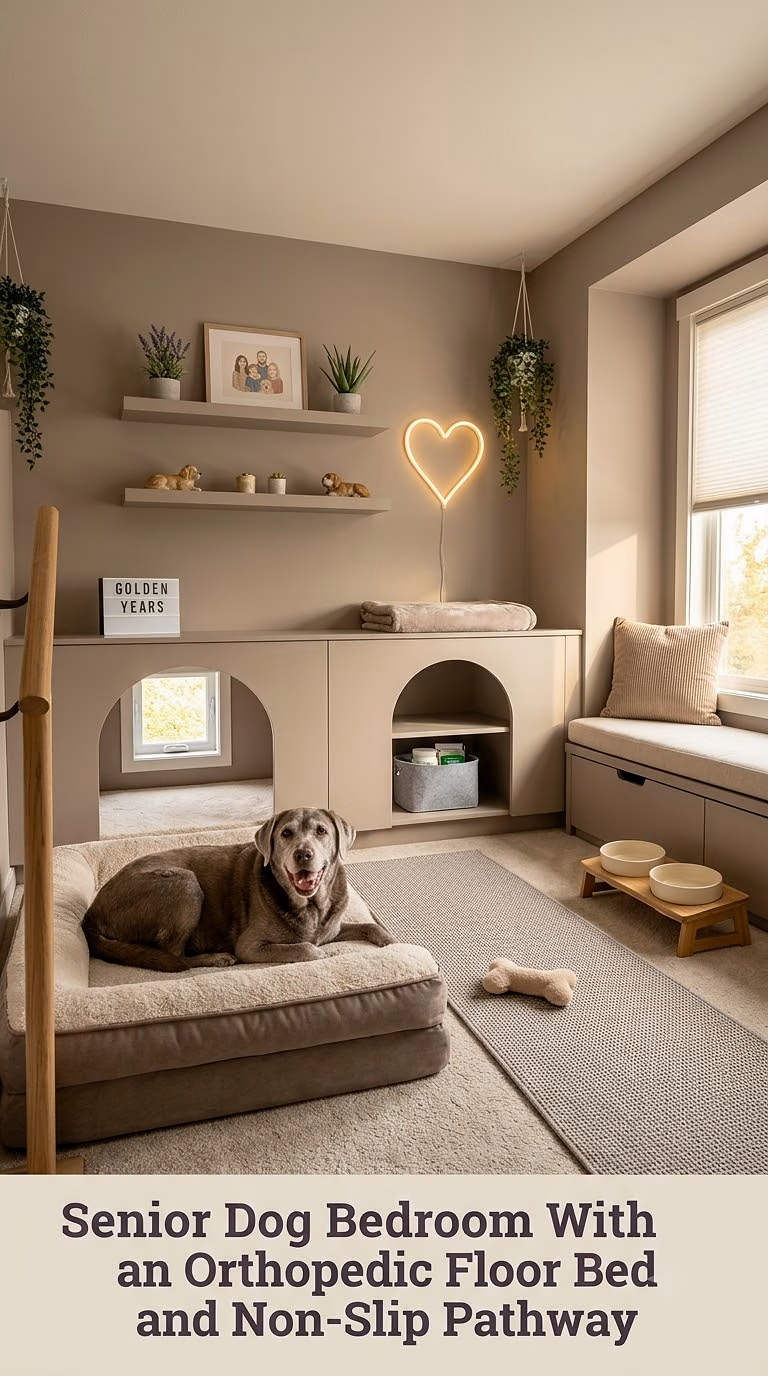 11. Senior Dog Bedroom With an Orthopedic Floor Bed and Non-Slip Pathway