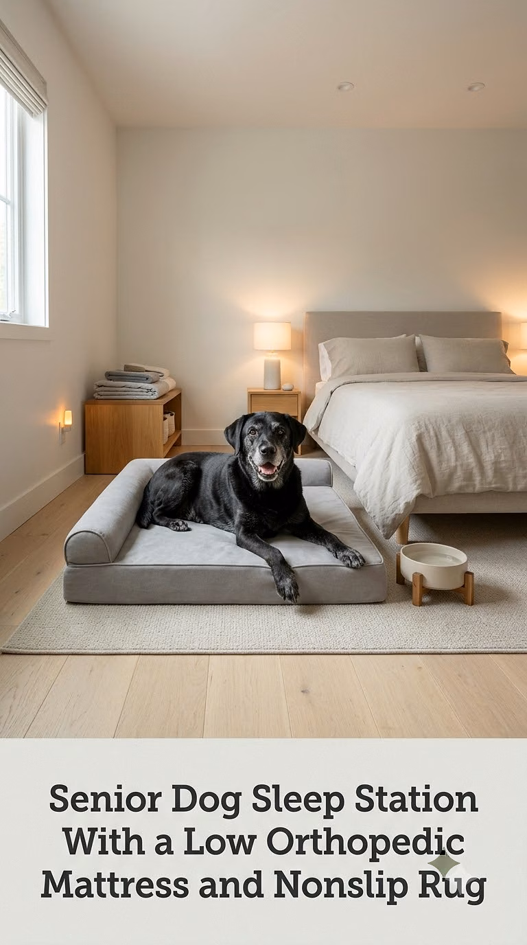 Senior Dog Sleep Station With a Low Orthopedic Mattress and Nonslip Rug