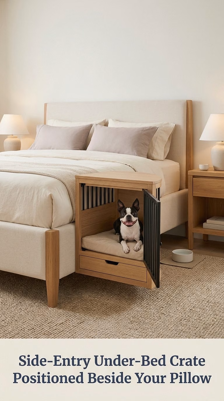 Side-Entry Under-Bed Crate Positioned Beside Your Pillow