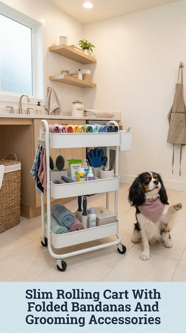 Slim Rolling Cart With Folded Bandanas And Grooming Accessories