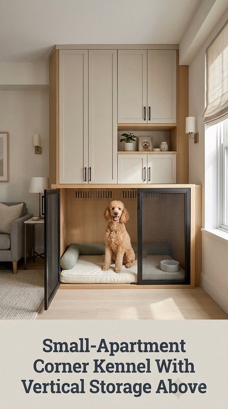 Small-Apartment Corner Kennel With Vertical Storage Above