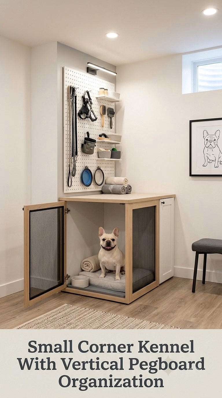 Small Corner Kennel With Vertical Pegboard Organization