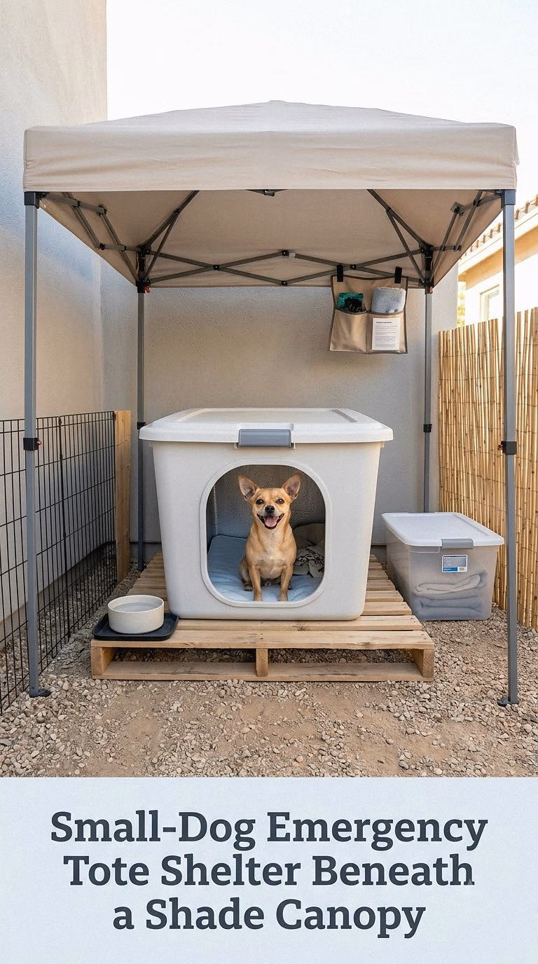 Small-Dog Emergency Tote Shelter Beneath a Shade Canopy