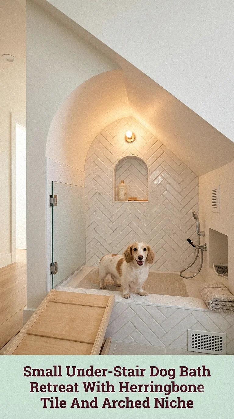 Small Under-Stair Dog Bath Retreat With Herringbone Tile And Arched Niche